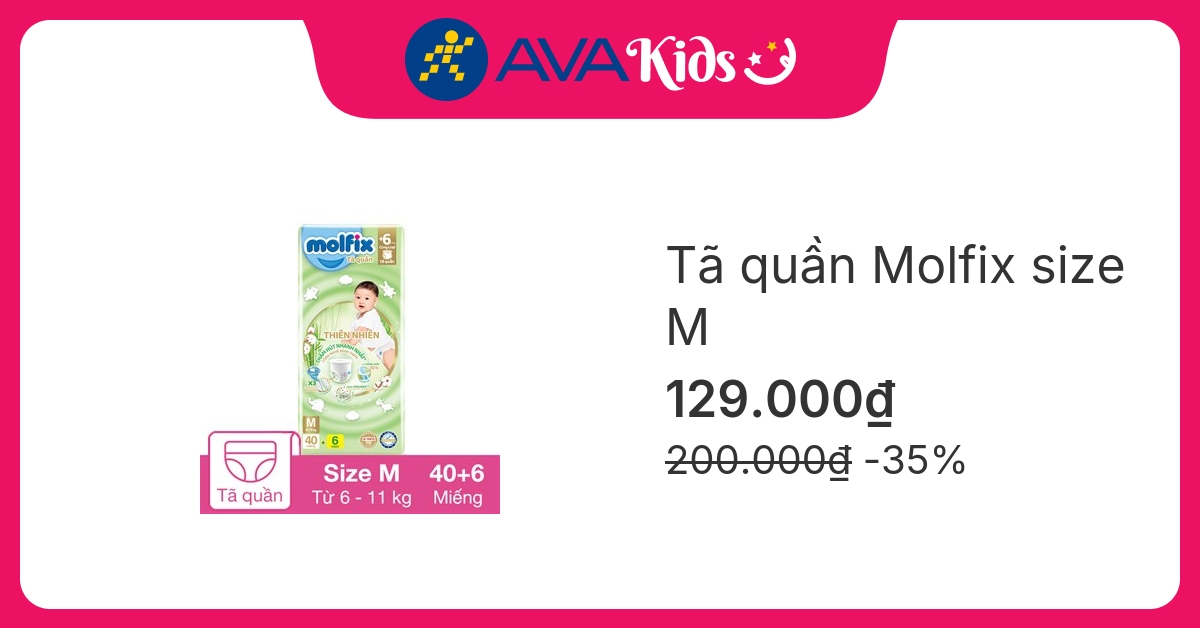 Tã quần Molfix thiên nhiên size M 40 + 6 miếng (6 - 11 kg)