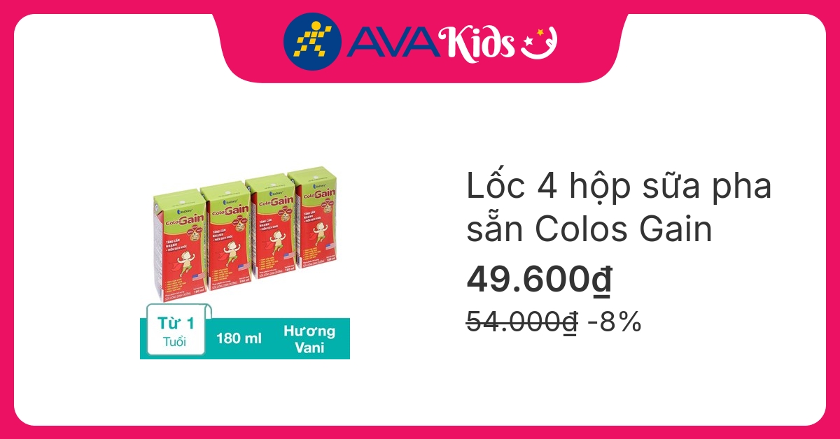 Lốc 4 hộp sữa pha sẵn Colos Gain hương vani 180 ml (từ 1 tuổi) hover