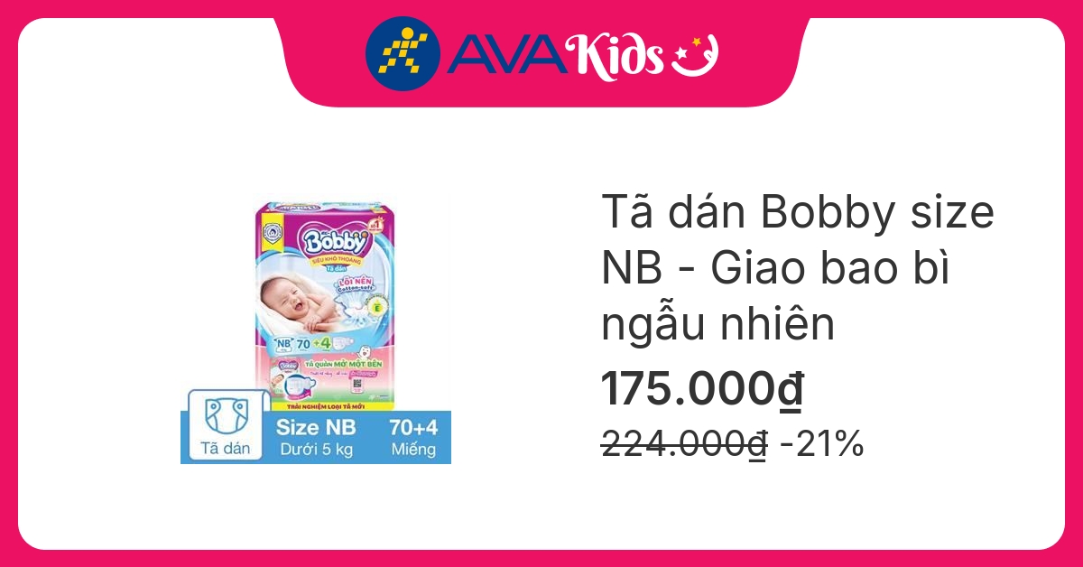 Tã dán Bobby size NB 70 + 4 miếng (Dưới 5 kg) - Giao bao bì ngẫu nhiên