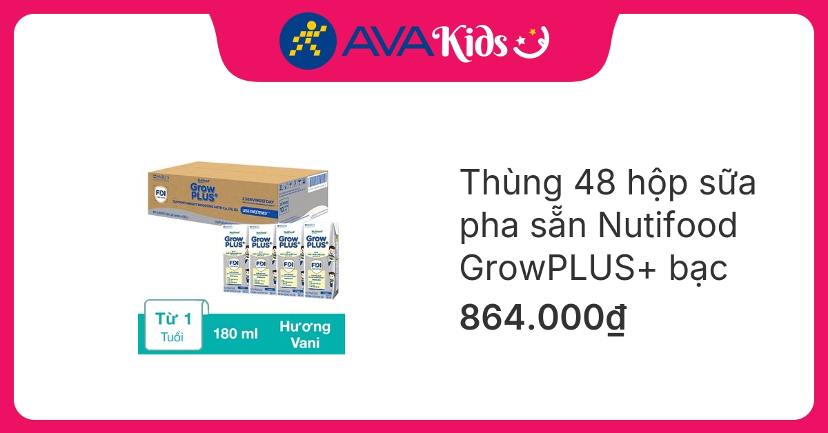 Thùng 48 hộp sữa pha sẵn Nutifood GrowPLUS+ bạc hương vani 180 ml (từ 1 tuổi)