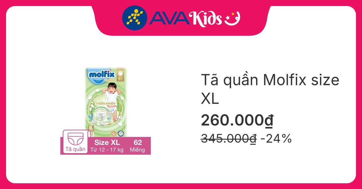 Tã quần Molfix thiên nhiên size XL 62 miếng (12 - 17 kg)