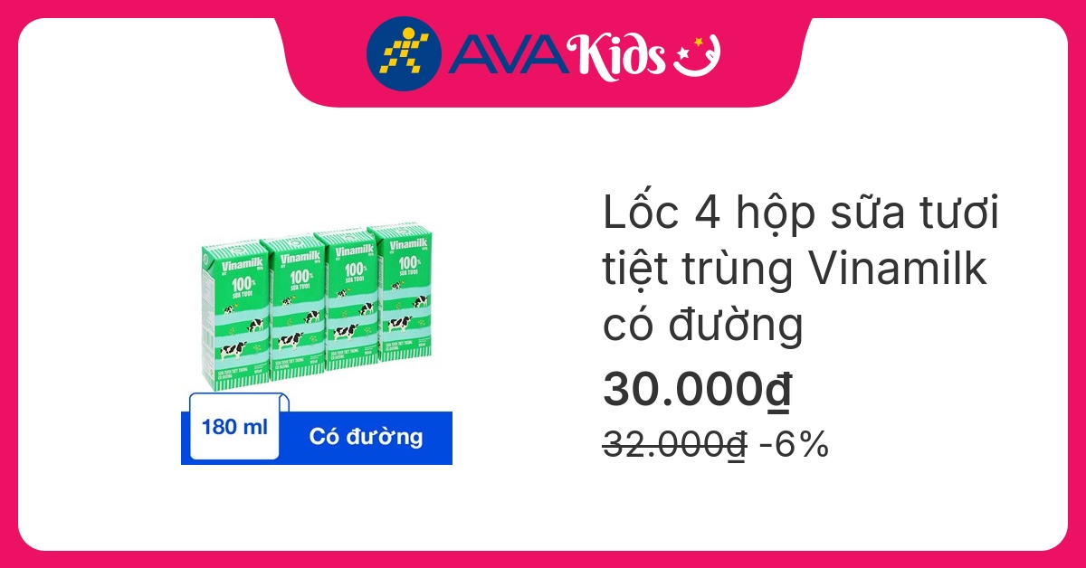 Lốc 4 hộp sữa tươi tiệt trùng Vinamilk có đường 180 ml (từ 1 tuổi)