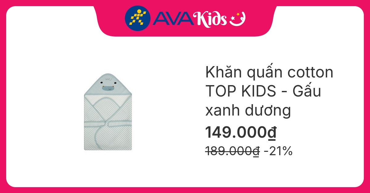 Khăn quấn cotton TOP KIDS 90x90 cm - Gấu xanh dương