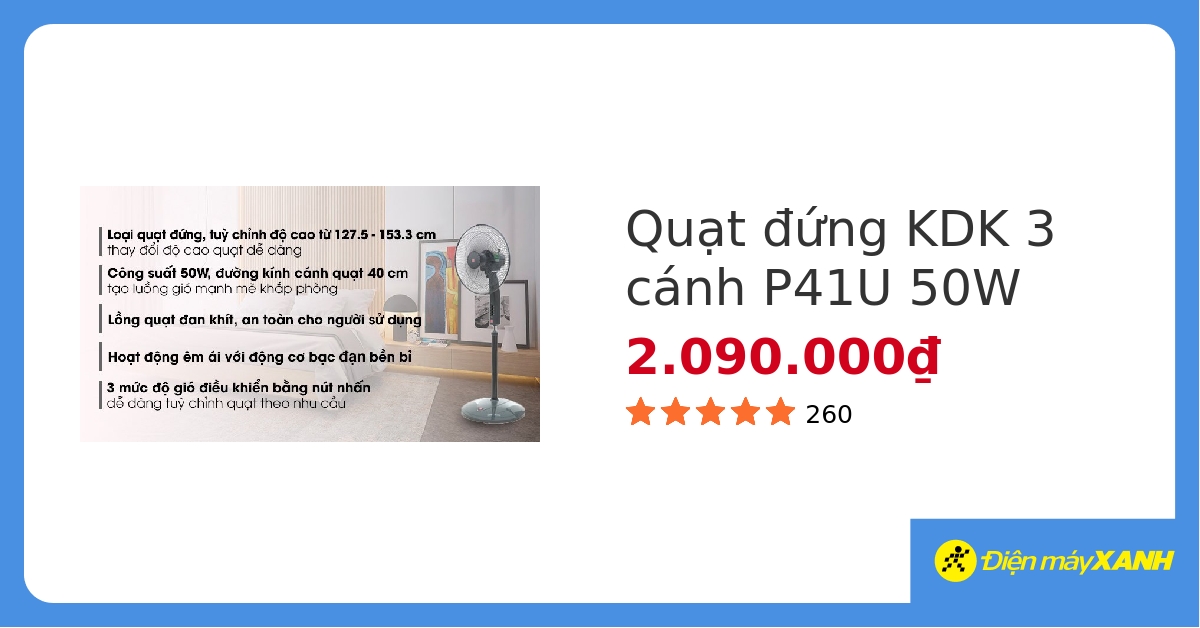 Quạt đứng KDK 3 cánh P41U 50W hover