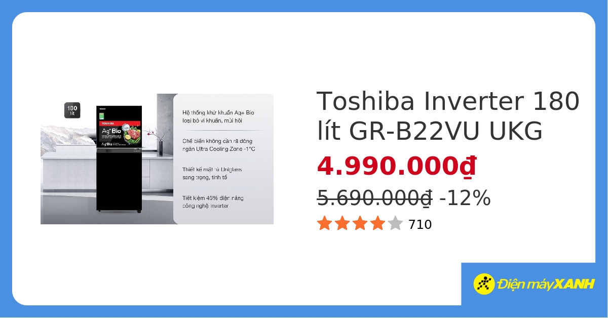 Tủ lạnh Toshiba Inverter 180 lít GR-B22VU UKG hover