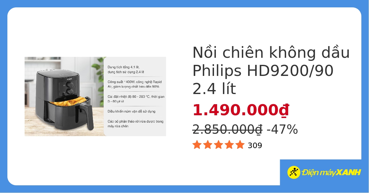 Nồi chiên không dầu Philips HD9200/90 2.4 lít hover