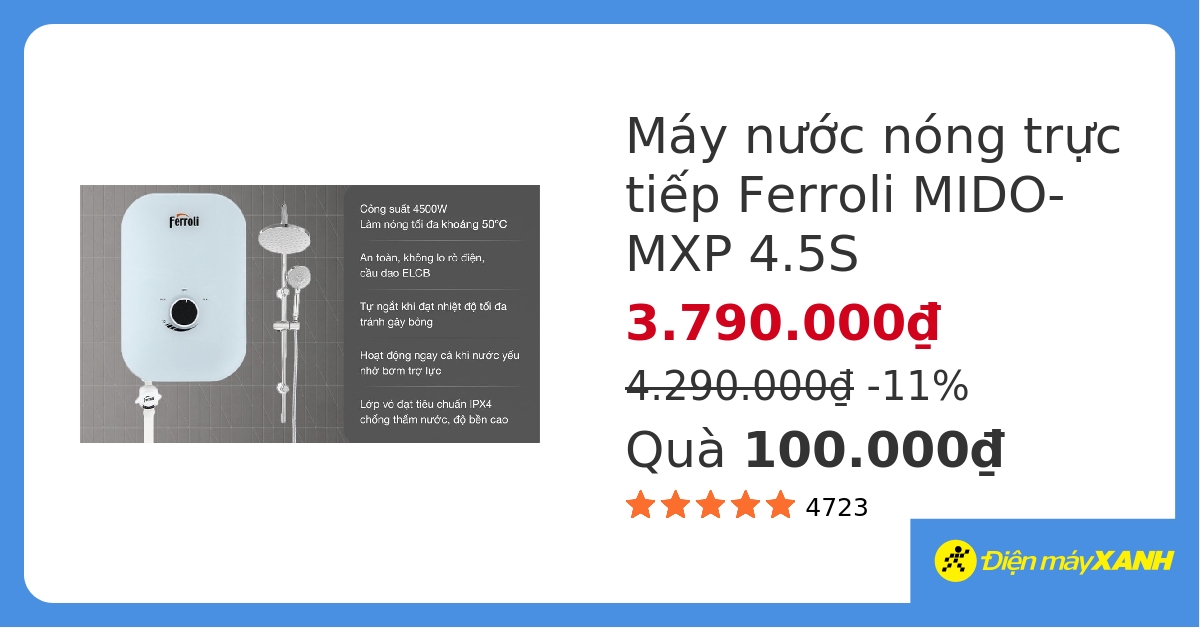 Máy nước nóng trực tiếp Ferroli 4500W MIDO-MXP 4.5S hover