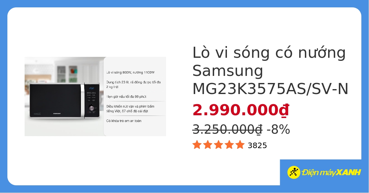 Lò vi sóng có nướng Samsung MG23K3575AS/SV-N 23 lít hover