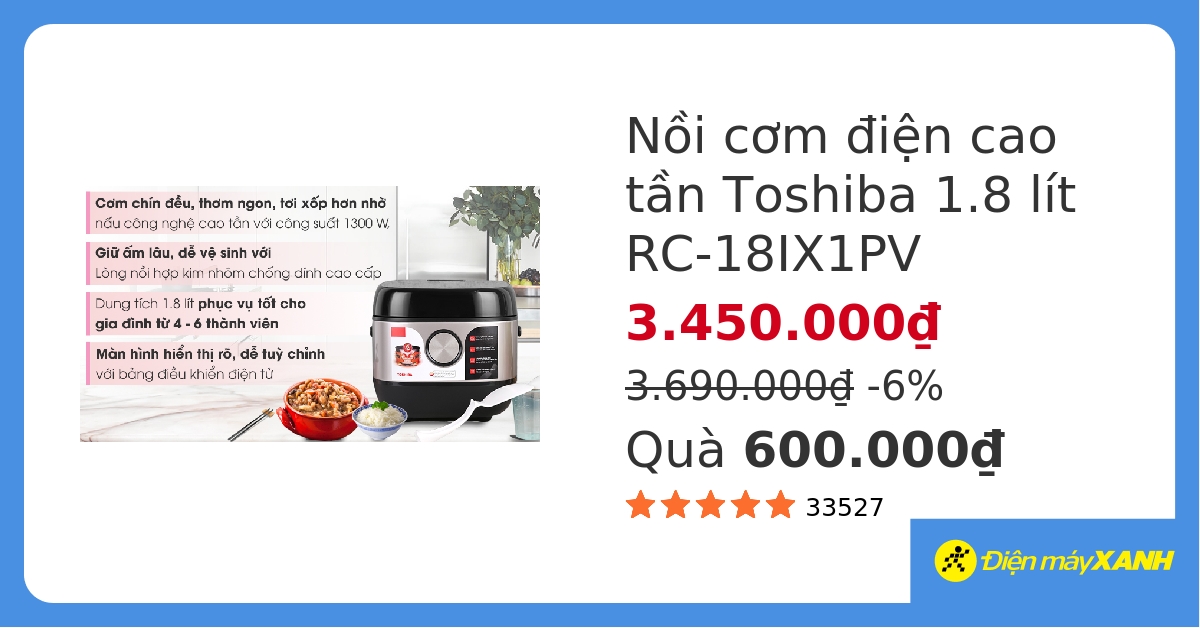 Nồi cơm cao tần Toshiba 1.8 lít RC-18IX1PV hover