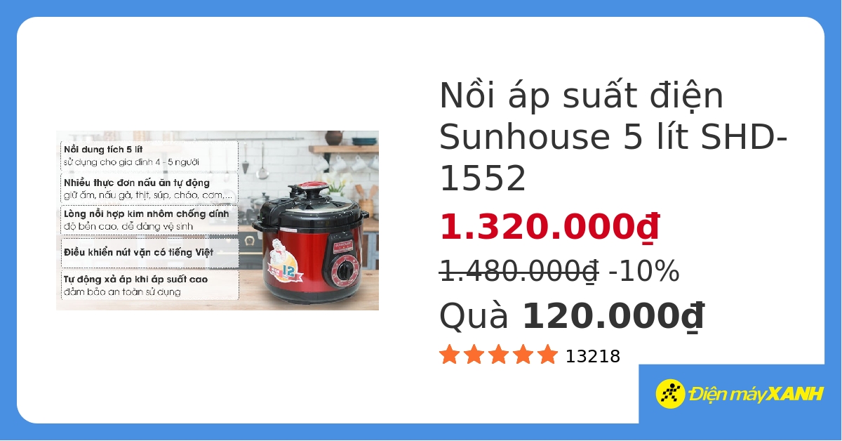 Nồi áp suất điện Sunhouse SHD-1552 5 lít hover