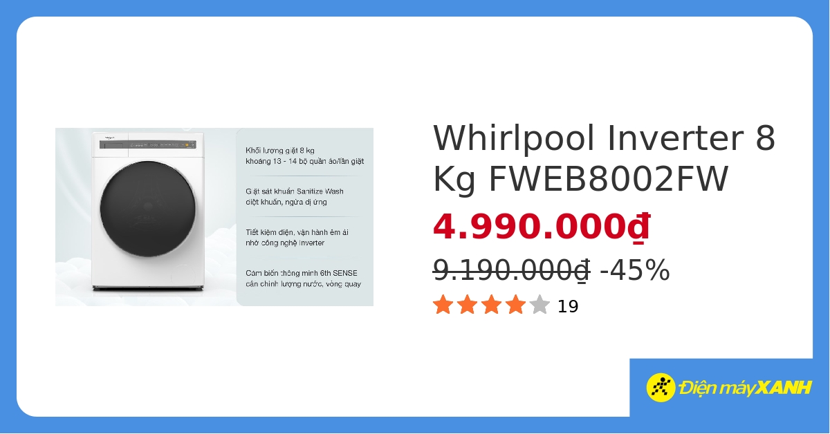 Máy giặt Whirlpool FreshCare Inverter 8 kg FWEB8002FW&275564 hover