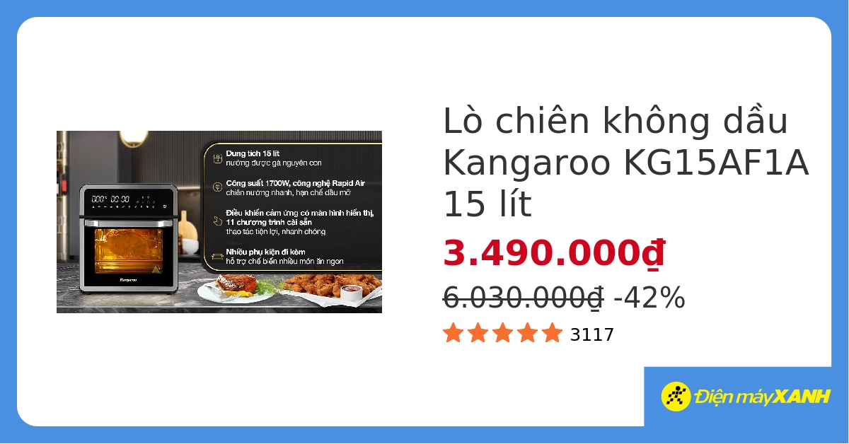 Lò chiên không dầu Kangaroo KG15AF1A 15 lít hover