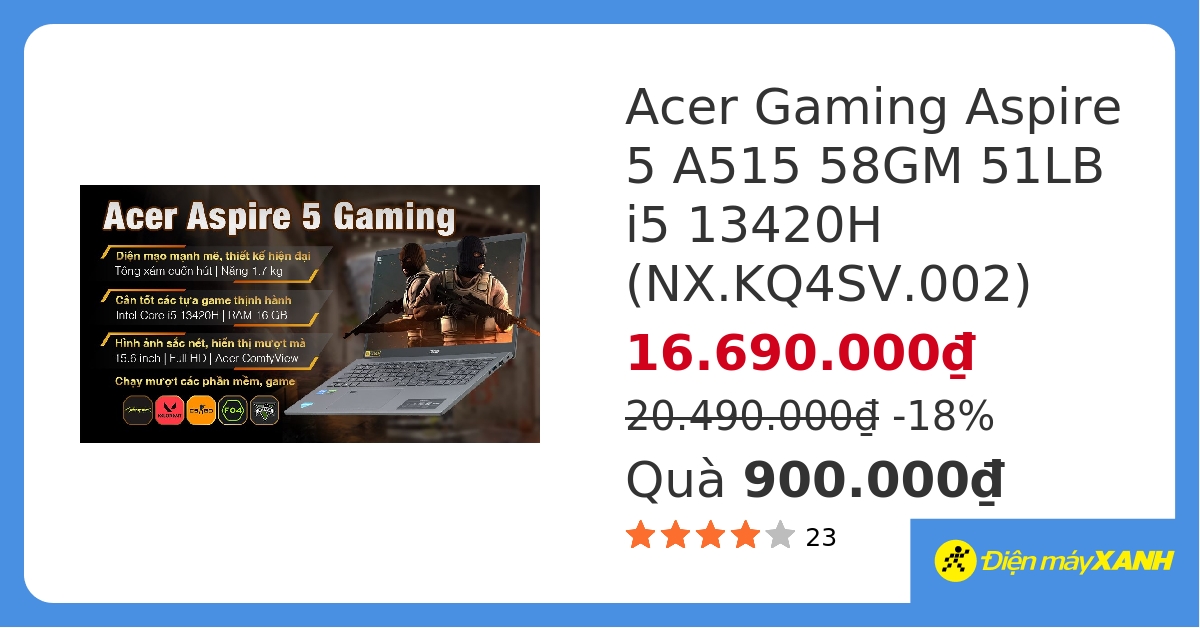 Laptop Acer Aspire 5 Gaming A515 58GM 51LB i5 13420H/16GB/512GB/4GB RTX2050/Win11 (NX.KQ4SV.002) hover