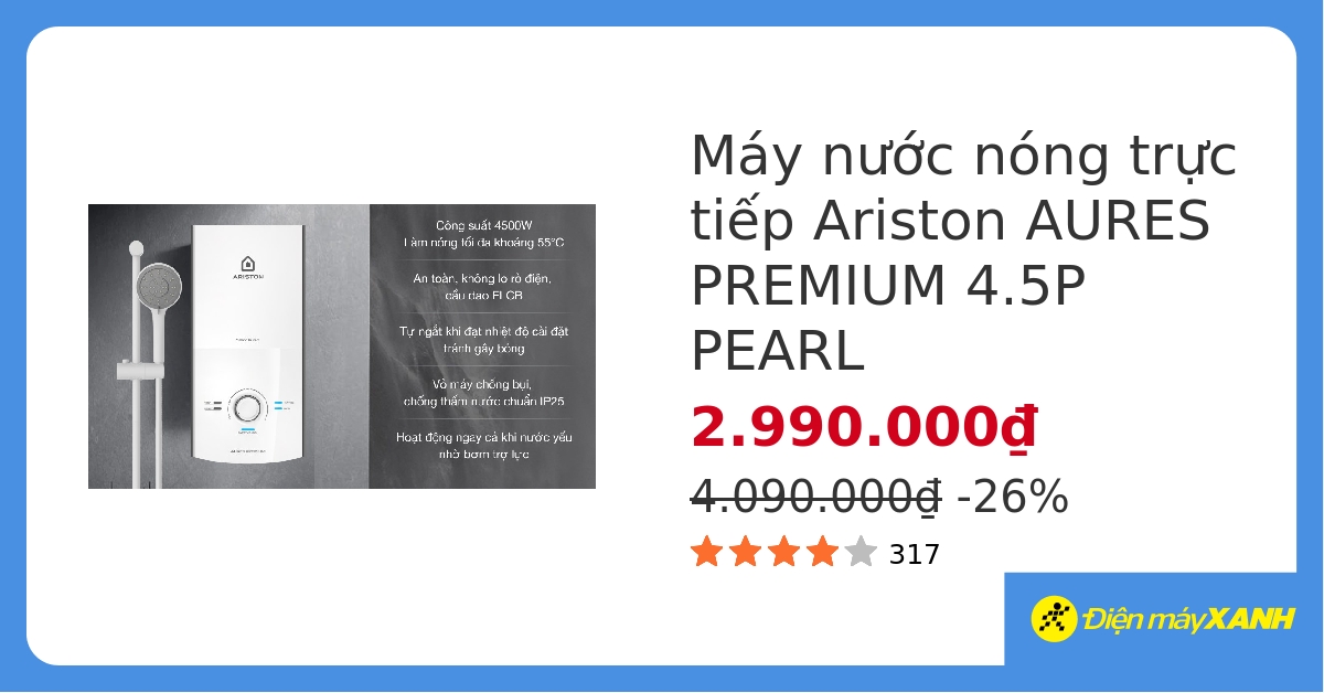 Máy nước nóng trực tiếp Ariston 4500W AURES PREMIUM 4.5P PEARL hover