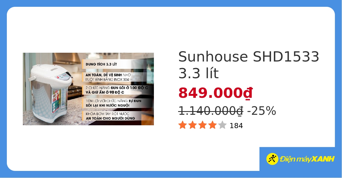 Bình thủy điện Sunhouse SHD1533 3.3 lít hover