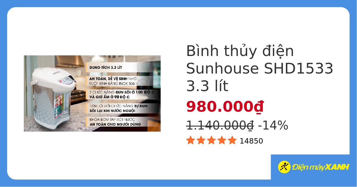 Bình thủy điện Sunhouse SHD1533 3.3 lít hover