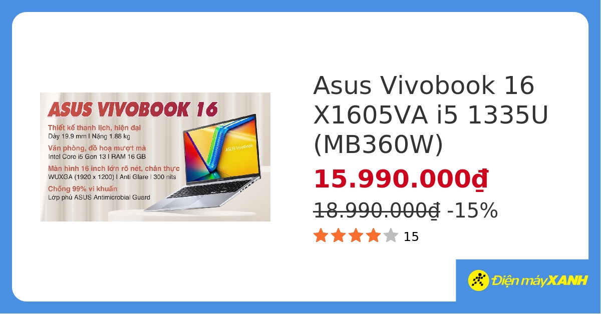 Laptop Asus Vivobook 16 X1605VA i5 1335U/16GB/512GB/Win11 (MB360W) hover