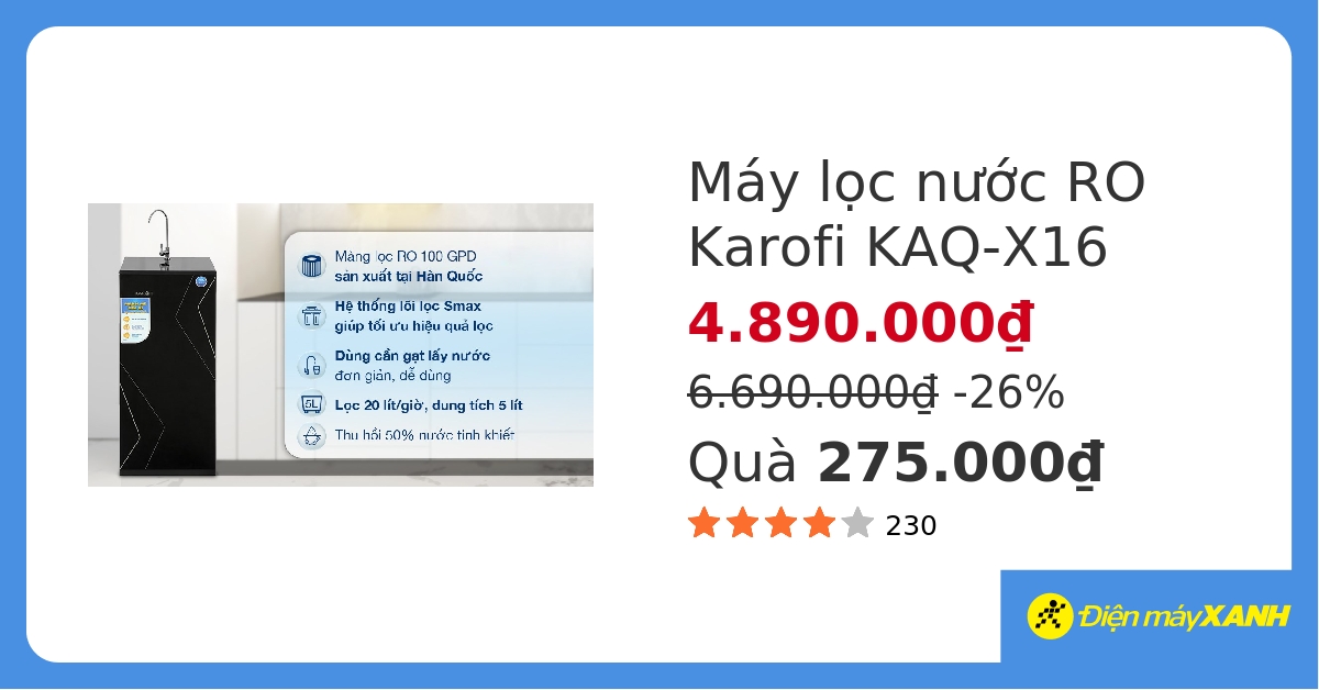 Máy lọc nước RO Karofi KAQ-X16 10 lõi hover