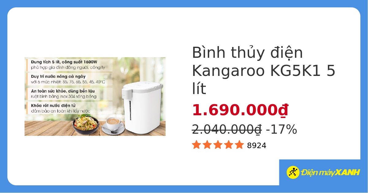 Bình thủy điện Kangaroo KG5K1 5 lít hover