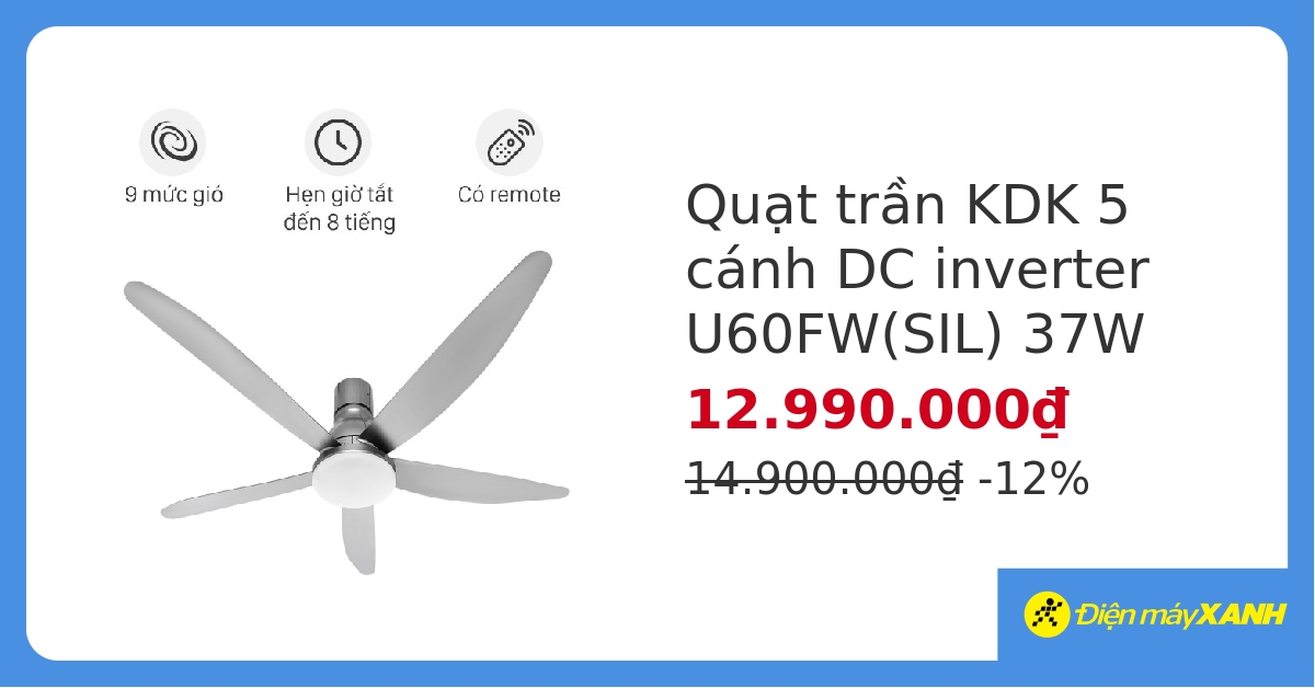 Quạt trần KDK 5 cánh DC inverter U60FW(SIL) 37W hover