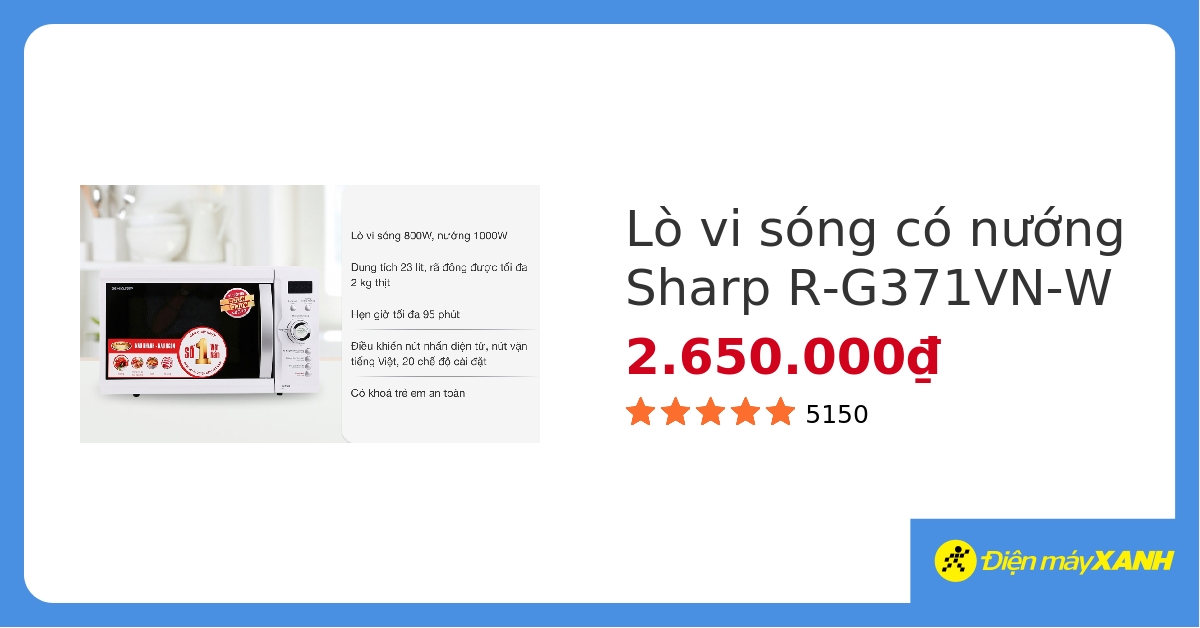 Lò vi sóng có nướng Sharp R-G371VN-W 23 lít hover