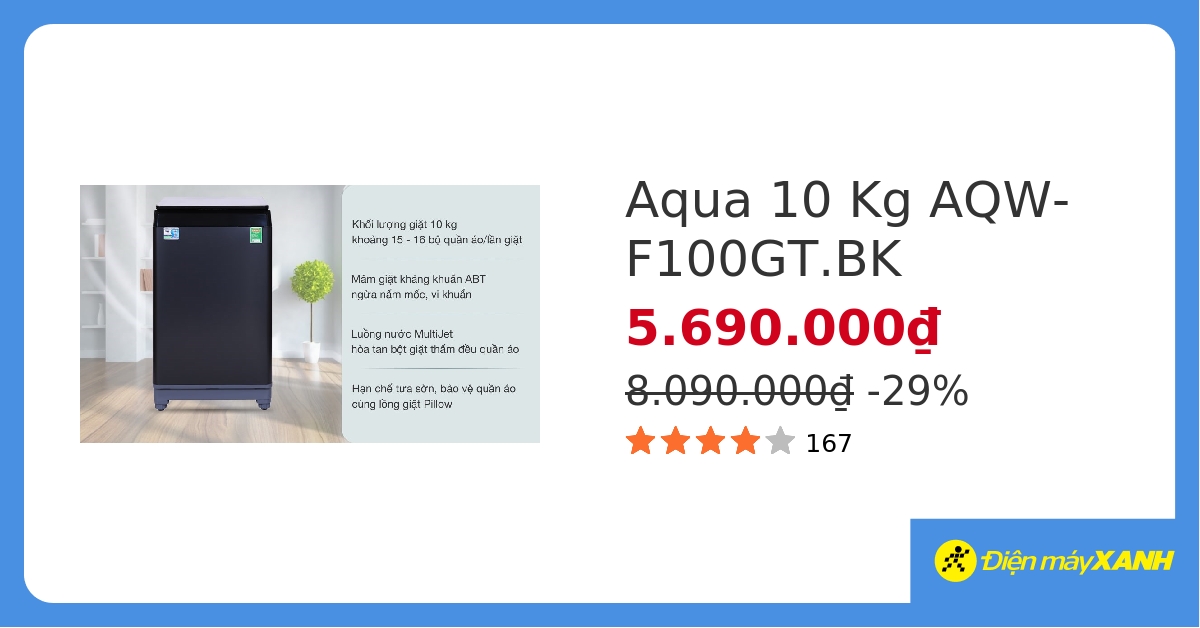 Máy giặt Aqua 10 KG AQW-F100GT.BK - giá tốt, có trả góp