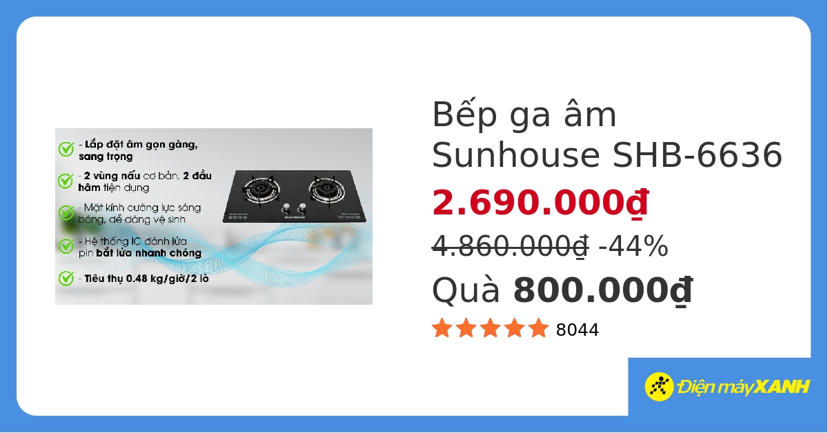 Bếp ga âm Sunhouse SHB-6636 hover