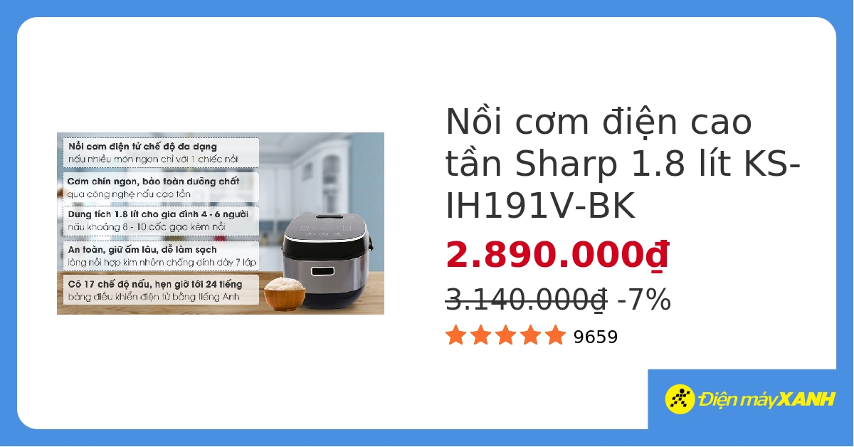 Nồi cơm cao tần Sharp 1.8 lít KS-IH191V-BK hover