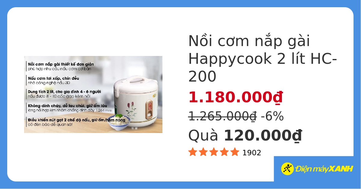 Nồi cơm nắp gài Happycook 2 lít HC-200 hover