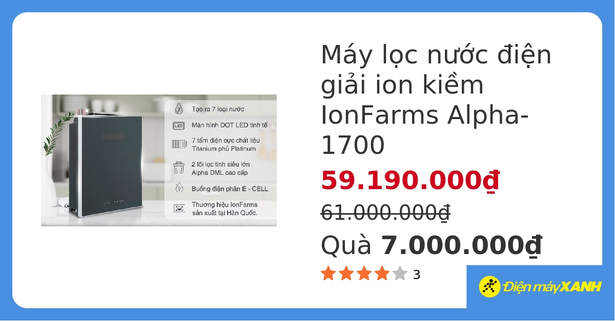 Máy lọc nước ion kiềm IonFarms Alpha-1700 2 lõi 7 tấm điện cực hover