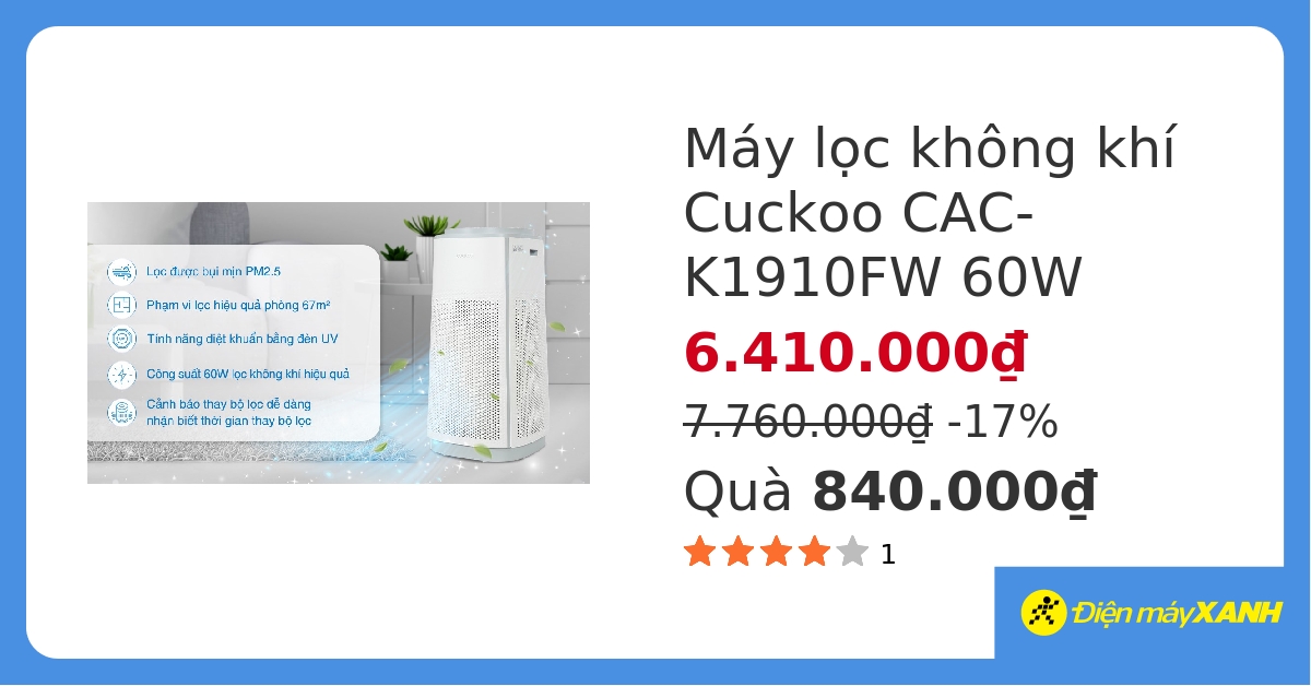 Máy lọc không khí Cuckoo CAC-K1910FW 60W hover