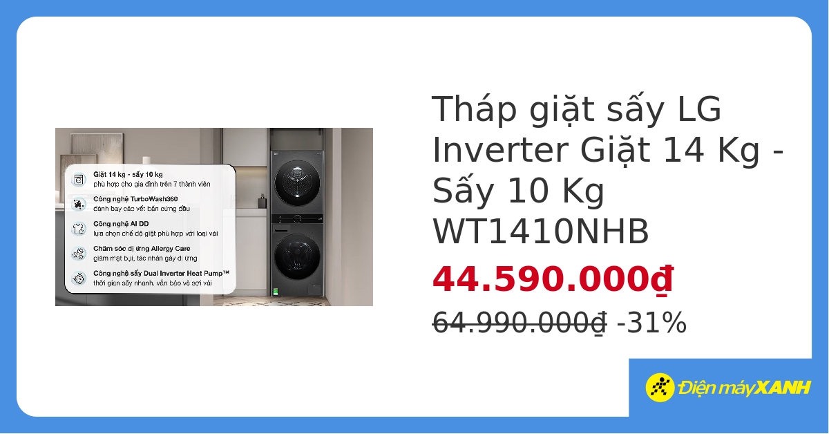 Tháp giặt sấy LG WashTower Inverter giặt 14 kg – sấy 10 kg WT1410NHB&305841 hover