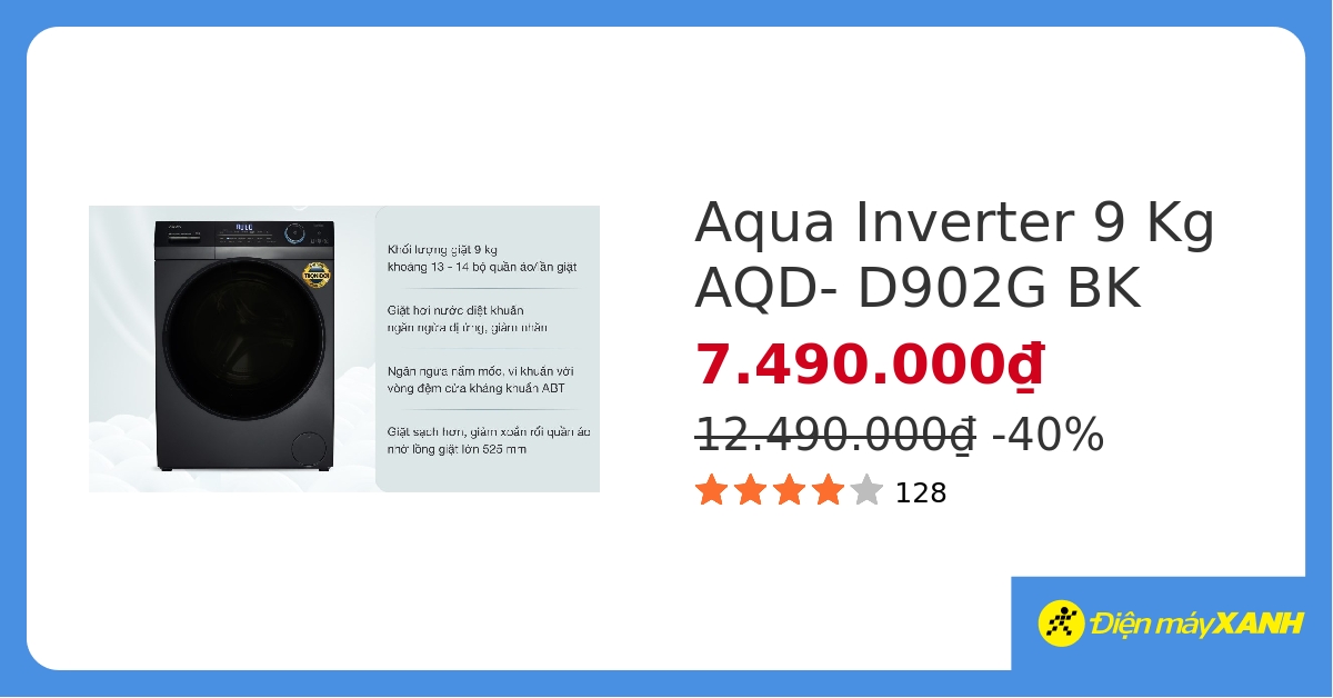 Máy giặt Aqua Inverter 9 kg AQD- D902G BK - giá tốt, có trả góp