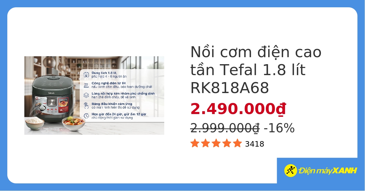 Nồi cơm cao tần Tefal 1.8 lít RK818A68 hover