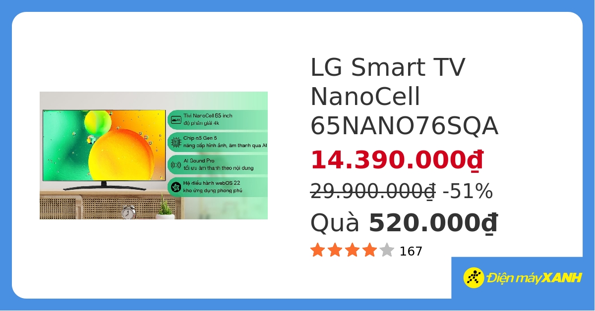 Smart Tivi NanoCell LG 4K 65 inch 65NANO76SQA&278575 hover