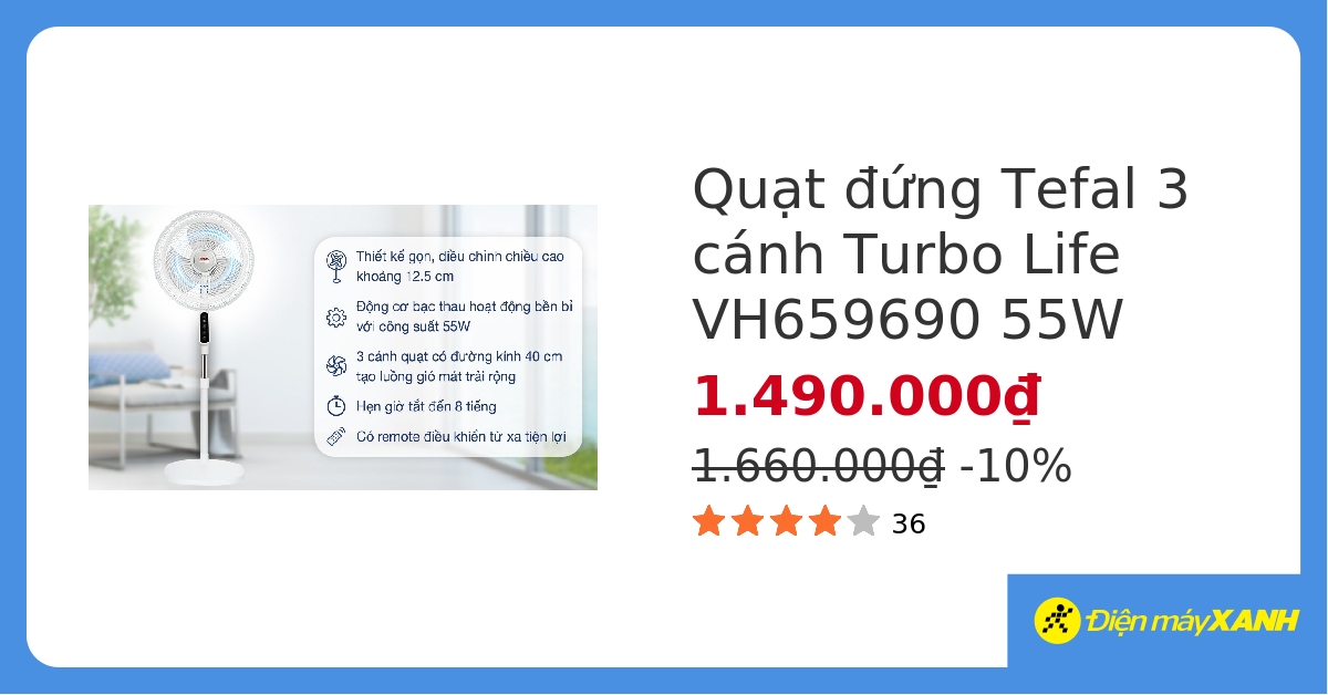 Quạt đứng Tefal 3 cánh Turbo Life VH659690 55W hover