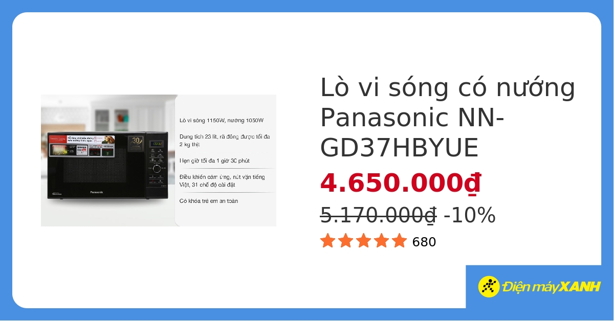 Lò vi sóng có nướng inverter Panasonic NN-GD37HBYUE 23 lít hover