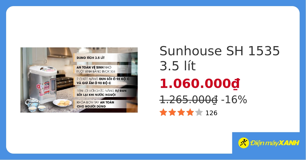 Bình thủy điện Sunhouse SH 1535 3.5 lít hover