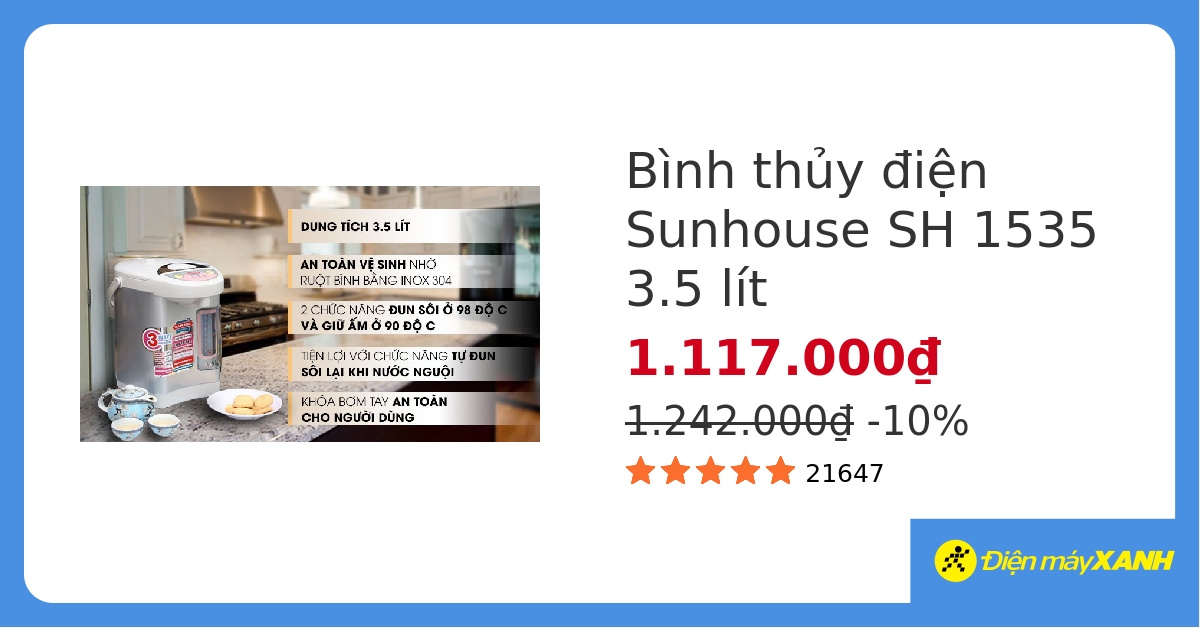 Bình thủy điện Sunhouse SH 1535 3.5 lít hover