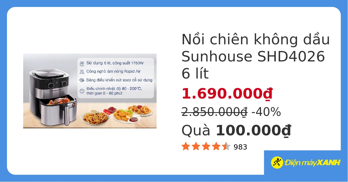 Nồi chiên không dầu Sunhouse SHD4026 6 lít - Chính hãng | ĐMX