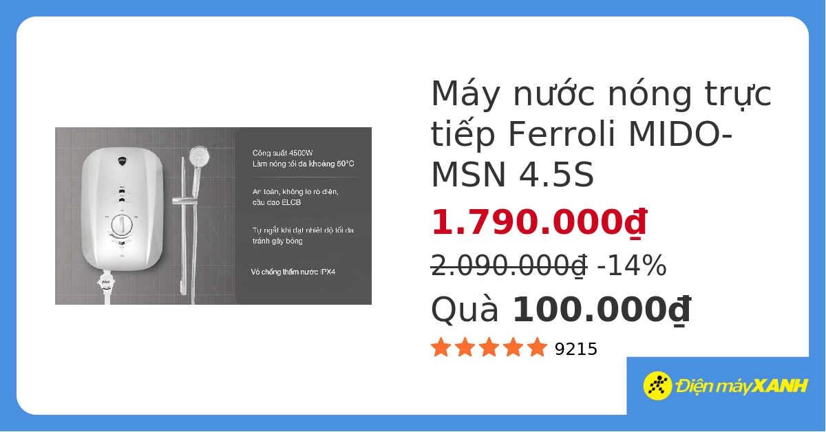 Máy nước nóng trực tiếp Ferroli 4500W MIDO-MSN 4.5S hover