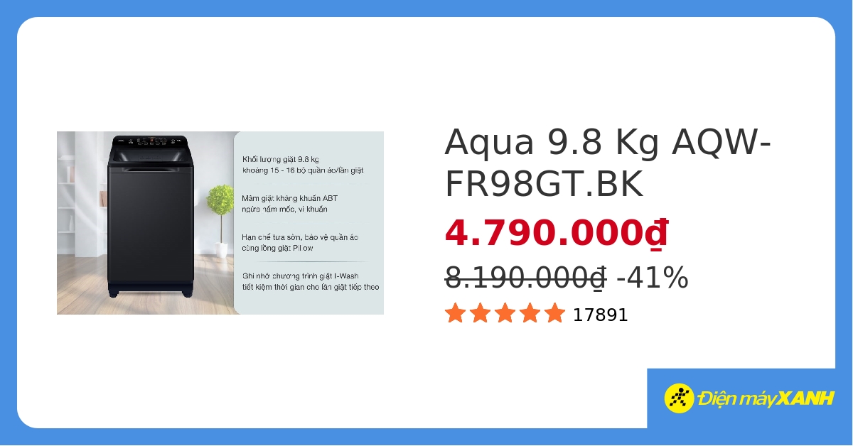 Máy giặt Aqua 9.8 KG AQW-FR98GT.BK&242731 hover