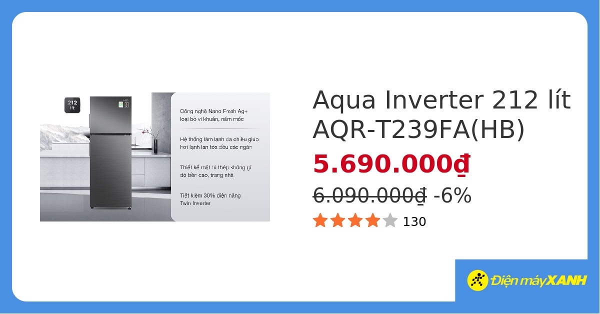 Tủ lạnh Aqua Inverter 212 lít AQR-T239FA(HB) - giá tốt, có trả góp
