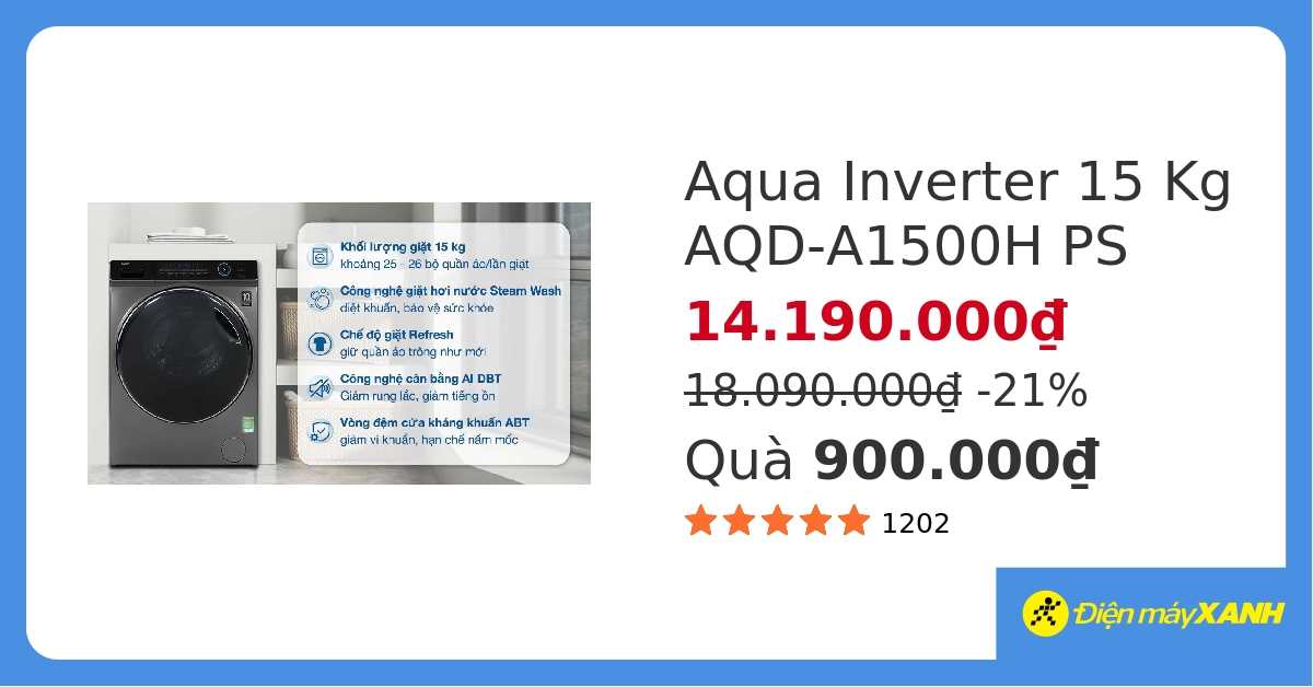 Máy giặt Aqua Inverter 15 kg AQD-A1500H PS&306639 hover