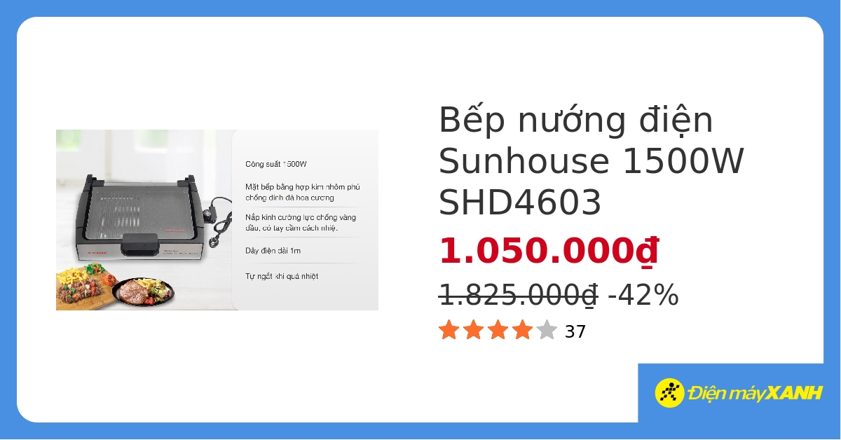 Bếp nướng điện Sunhouse SHD4603 1500 W hover