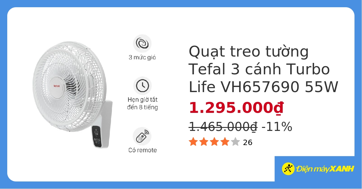 Quạt treo tường Tefal 3 cánh Turbo Life VH657690 55W hover