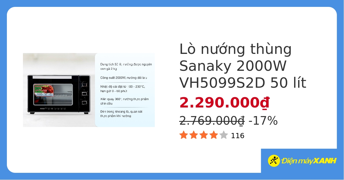 Lò nướng Sanaky VH5099S2D 50 lít hover