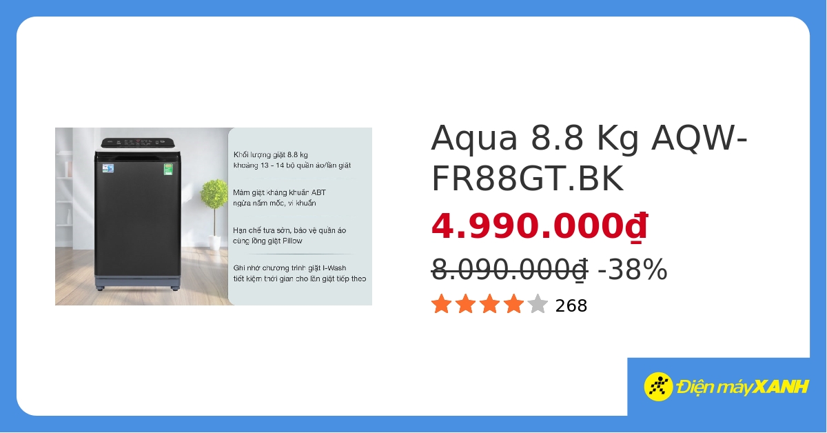 Máy giặt Aqua 8.8 KG AQW-FR88GT.BK - giá tốt, có trả góp