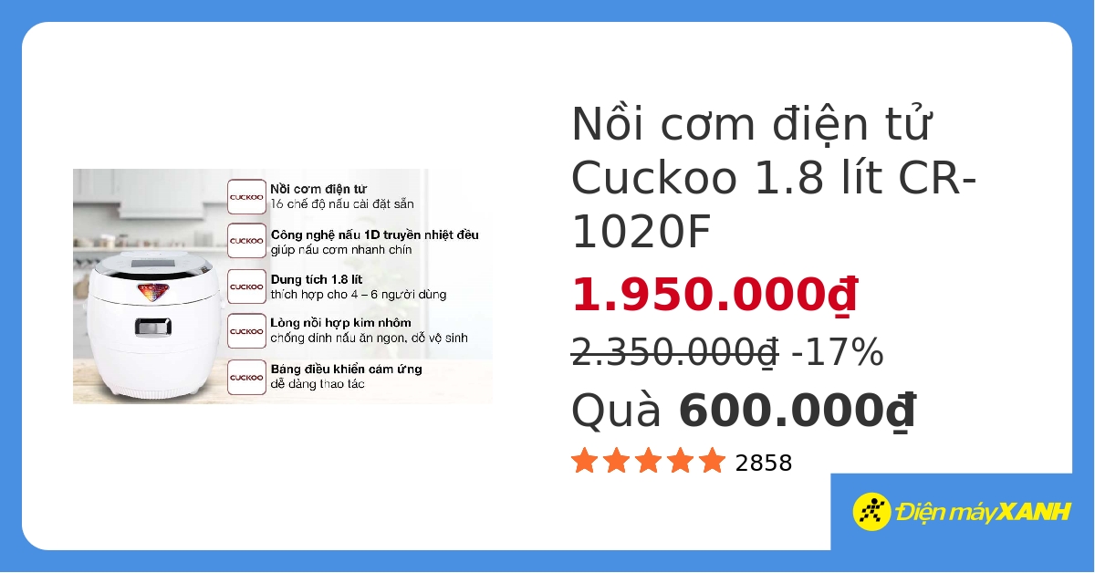 Nồi cơm điện tử Cuckoo 1.8 lít CR-1020F hover