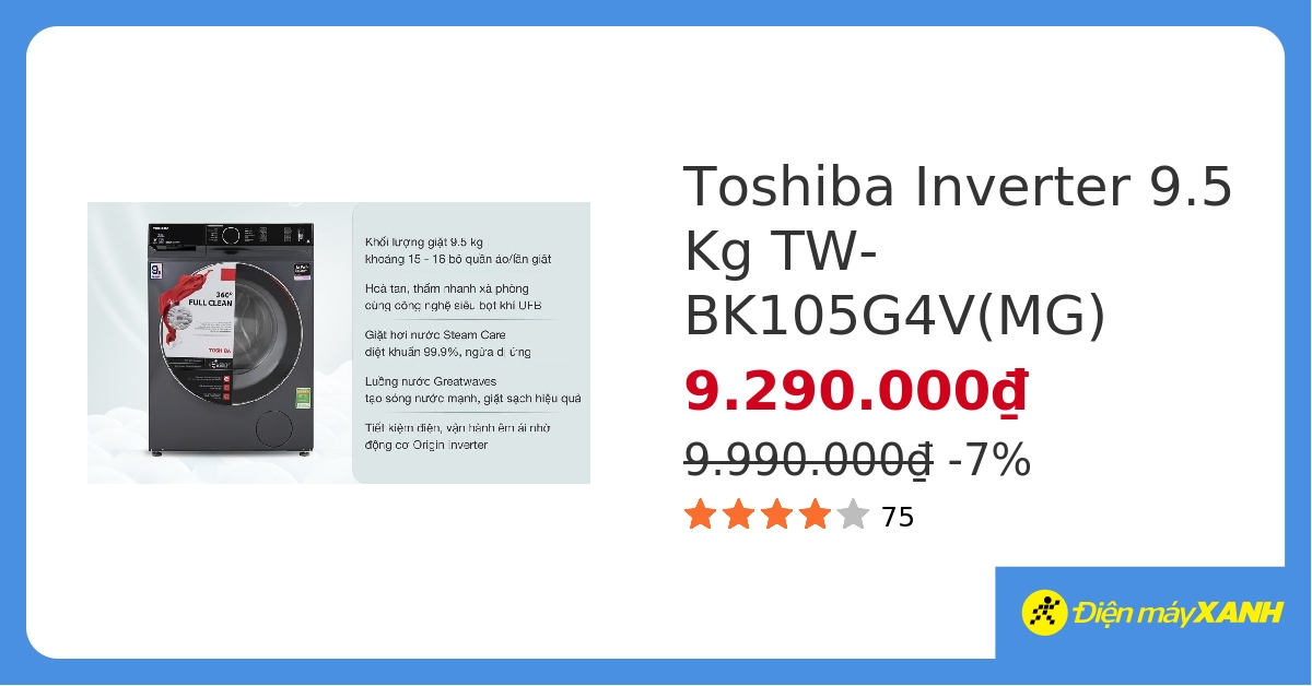 Máy giặt Toshiba Inverter 9.5 Kg TW-BK105G4V(MG)&228772 hover